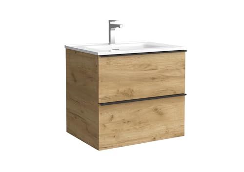 Salgar Mueble de baño Nabua 60 cm Roble con Tirador de pestaña | Lavabo de Porcelana