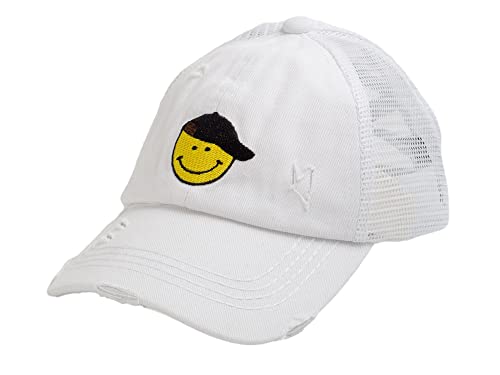 C.C Girls Smile Embroidered Criss Cross Cap Ponytail Hat, White2
