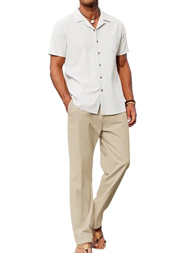 Image of COOFANDY Men 2 Piece Linen Outfit Beach Button Down Shirt Casual Loose Pant Sets