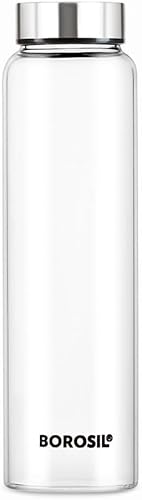 Nobel Borosil Glass Water Bottle, 1000ml, Wide Mouth, Leakproof Borosilicate Glass, Microwave Safe (Stainless Steel Lids)