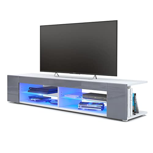 Vladon Buffet Bas Movie, Meuble TV avec 4 Compartiments Ouverts et placages décoratifs, Blanc Mat/Gris Haute Brillance, éclairage LED Bleu Inclus (134 x 29 x 39 cm)