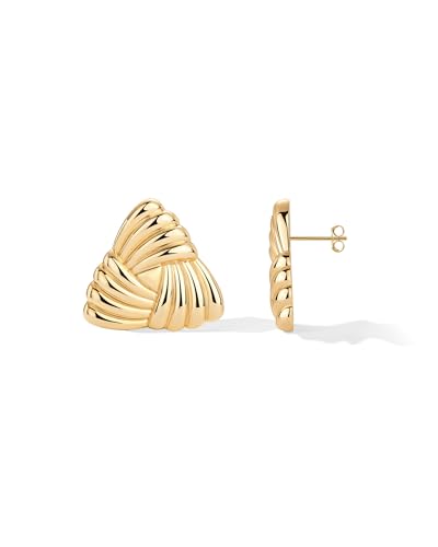 Image of PAVOI 14K Gold Plated Chunky Vintage Earrings for Women - Trendy Textured Ribbed Knot Geometric Triangle Rope Button Seashell Wing Dangle Drop Stud Earring