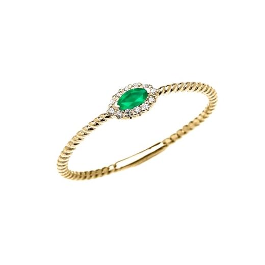 Anillo de halo para mujer con delicado diamante y esmeralda marquesa solitario diseño de cuerda promesa/anillo apilado de oro amarillo de 9 quilates