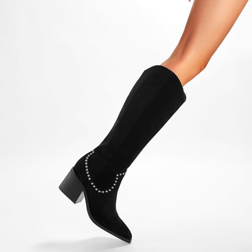 Image of GOSERCE Suede Knee High Boots for Women Pointed Toe Chunky Heel Tall Fall Boots Side Zipper with stud Details Black 10.5