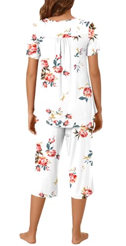 Image of Womens Summer Pajama Sets 2 Piece Short Sleeve Top and Capri Pants Plus Size Ladies Lounge Pjs Sets with Pockets