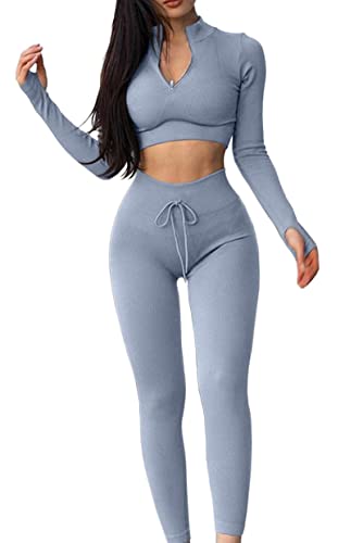 QINSEN Workout Shirts For Women Long Sleeve Zipper Front Yoga Crop Tops + High Waist Leggings GMY Fitted Outfits Grey S