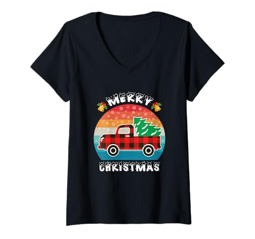 Mujer Retro Red Truck Buffalo Plaid Tree Merry Christmas Hombres Mujeres Camiseta Cuello V