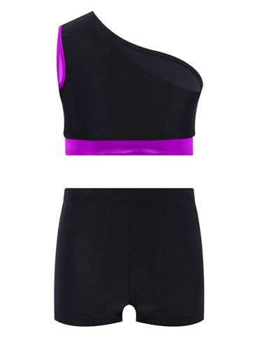TiaoBug Kids Girls Pcs Metallic Color Block Gymnastics Dance Outfit One Shoulder Tank Top And Shorts Set4