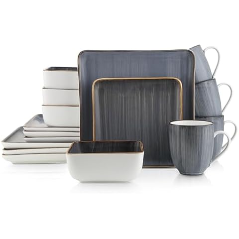 Stone Lain Esmeralda Porcelain Dinnerware Set, Service for 4, 16 Pieces Square Grey Brushed Design Cover