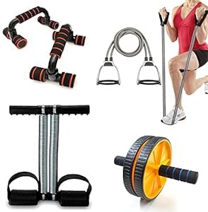 sixteen gym equipment set for home workout combo women men full body exercise gym kit - (tummy trimmer, wheel roller, toning tube and pushup board)