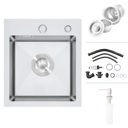 Fregadero Cocina 1 Seno, Fregadero Acero Inoxidable Cepillada 40 x 40 cm con Desbordamiento,Sifón, Dispensador de Jabón, Fregadero Pequeño con 2 Orificios para Grifo, Sobre Encimera o Enrasado