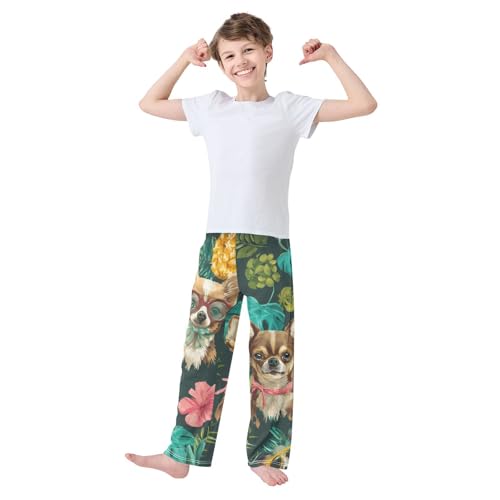 Tropical Chihuahua Palm Leaf Boys Long Pants Soft Trousers Elastic Waist Kids Lounge Bottoms with Pockets S-XL3