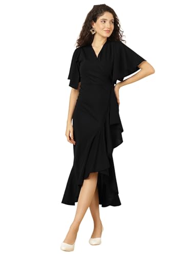 Image of Selvia Wine Flutter Sleeve Bodycon Midi Dress for Women, V-Neck Ruffle Hem Outfit