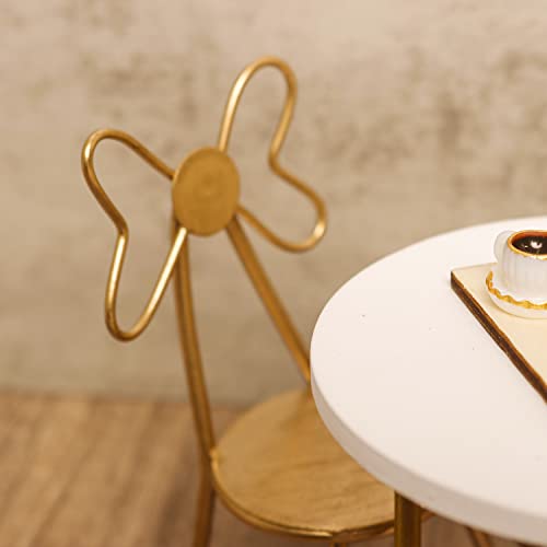 4 Pcs 1 : 12 Miniature House Bistro Set Mini Circle Coffee Table Golden Chairs Mini House Furniture Sets Afternoon Tea Fairy Garden Decor #TOP3