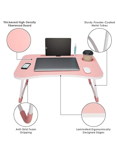 Image of Foldable Wooden Mini Laptop Table for Bed, Study Table with Drawer, Tablet /Mobile Holder for Kids & Adults (PINK 1)