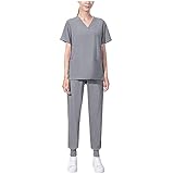 Generic Prime of Day Sales Scrubs-Set for Women 2 Piece Outfits Nurse Uniform Jogger Suit Classic Stretch Top & Pants with Pocket Nurse Workwear, X-Large, Gray