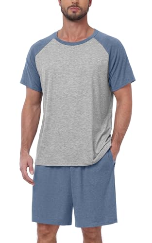MLXSJ Mens Pajama Set Summer Pjs Sleepwear Lightweight Short Sleeve Pjs Soft Comfy Sleep Set With Pocket (Gray Blue-Light Gray M)