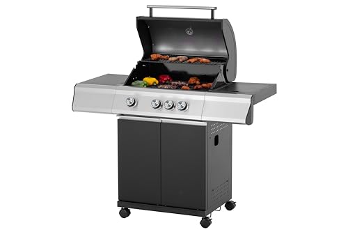 Foto von Tarrington House BBQ Gas-Grill PAXTON, 3-Brenner- mit Seitenbrenner, Grill Abdeckhaube und Warmhaltegitter. Stahl/Edelstahl/Gusseisen, schwarz, 11kg Gasflasche für Outdoor, Balkon, Camping