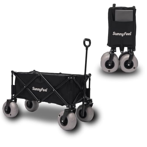 SUNNYFEEL 41''L 550lbs Heavy Duty Beach Wagon with 9" Balloon Tires, 200L Fold Up Wagon Cart Foldable with Side Pocket and Brakes for Camping Sports Garden Shopping (Black)