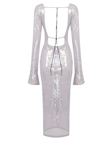 Image of Women's V Neck Long Sleeve Glitter Sequins Mermaid Evening Gown Dress