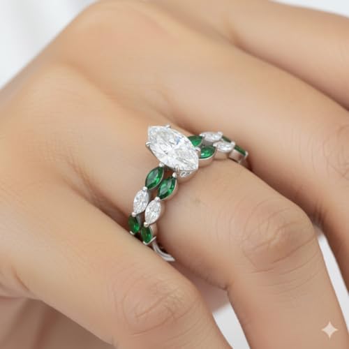 Image of 55Carat Choose Your Gemstone Single Prong Marquise Diamond CZ Ring and Band Sterling Silver Marquise Shape Wedding Ring Sets Matching Jewelry Wedding Jewelry Easy to Wear Gifts US Size 4 to 12