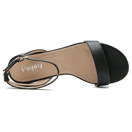 Image of Women's Ankle Strap Sandals, Low Block Heel, Open Toe Summer Dress Shoes with Buckle Closure