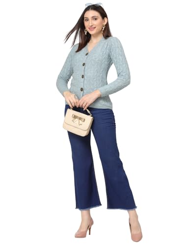 Image of Kalt Women Full Sleeves Cable Button Acrylic V-Neck Sweater