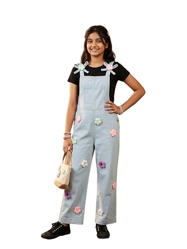 Image of KiddoPanti Girls Denim Dungaree Pant | Cotton Blend Stretch Jumpsuit | Single Front Pocket | Stylish Casual Kids Dungaree | Comfortable Everyday Wear 1-14 Years