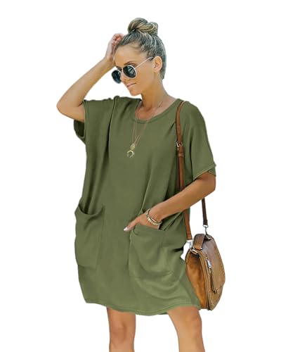 Image of Women's Casual Summer T Shirt Dress Elastic Loose Short Sleeve Dress with Pocket for Women