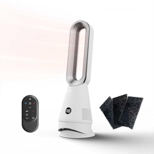 Faryuan Bladeless Heater Fan, 25inch Heating & Cooling & Filter Combo Tower Fan 80° Oscillating with Remote, 9H Timer, 8 Speeds, Portable Quiet for Indoor, Bedroom, Home Office Room, White&Sliver