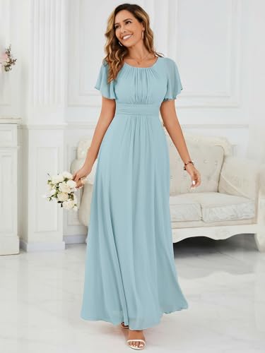 Image of Ever-Pretty Women's Spring Elegant Round Neck Short Sleeve Chiffon Empire Waist Floor Length Formal Dresses Bridesmaid Dress
