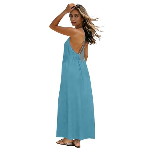 Robe longue bleu saxe dos ouvert et bretelles spaghetti pour femme