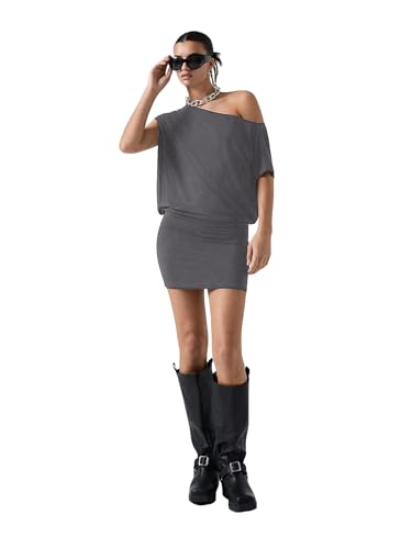 Image of SOLY HUX Women's Off The Shoulder Mini Dress Going Out Asymmetrical Neck Short Sleeve Casual Bodycon T Shirt Dresses