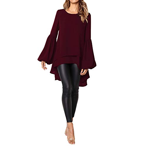 Women's Fashion Tops Lantern Long Sleeve Round Neck High Low Asymmetrical Irregular Hem Casual Blouse Shirt Dress (L, Red)