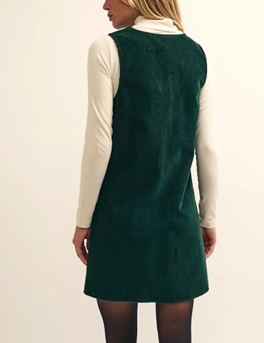 Hooever Women Corduroy Overall Dress V Neck A Line Skirtall Jumper Mini Dress Pinafore with Pockets4