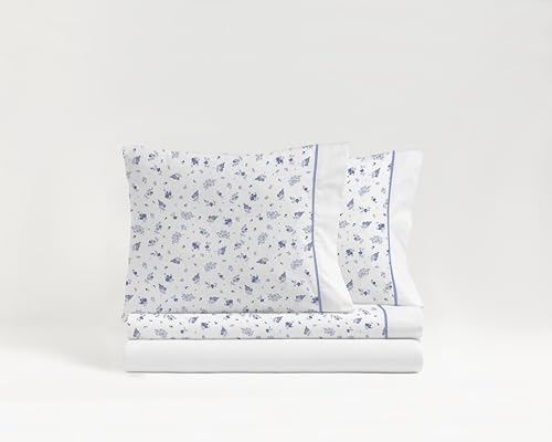 NAF NAF Juego de Sábanas 3 Piezas, 50% Algodón-Poliéster, Diseños Florales y Rayas, para Cama 90cm 135cm y150 cm (Garden Azul, Cama 150cm + 2 Fundas Almohada)