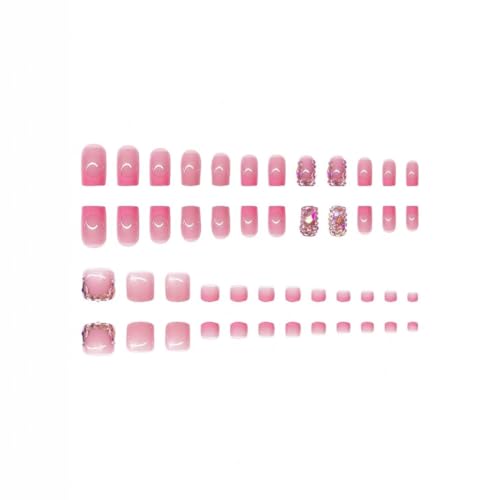 Image of 48 Pcs Diamond Press on Nails Pink Press on Toenails Set Square Fake Nails with Design French Tip Glue on Nails Glossy Artificial Acrylic Full Cover False Toe Nails Stick on Nails for Women Manicure