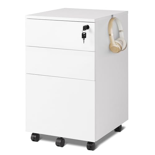 DEVAISE Rollcontainer mit 3 Schubladen, Mobiler Aktenschrank mit Rollen, Druckertisch für DIN A4/Legal/Letter, Schreibtisch Unterschrank für Büro und Home Office, Weiß