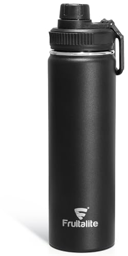 Image of Fruitalite Thermosteel Insulated Fruit Infuser Water Bottle- 700ml with Screw /Spout Lid, Steel Infusion Rod, Infused Detox Recipe eBook, Double-Wall Vacuum Stainless Steel Bottle- Black