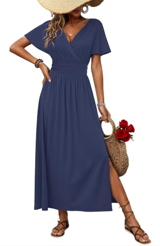 AUSELILY Maxi Dresses V Neck Flutter Sleeve Slit Summer Dress with Pockets