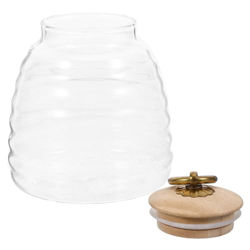 Cabilock Clear Glass Honey Jar with Bamboo Lid Farmhouse Honey Pot Kitchen Countertop Canisters Honey Container Jar Dispenser Holder for Home Kitchen