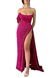 Mermaid Sequin Sparkly Prom Dresses Off Shoulder Bodycon Long Satin Ruched Formal Gowns with Slit Fuchsia US 0
