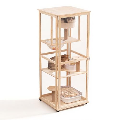 NOBBAT 猫ケージ 大型 キャットケージ 1段 /2段 /3段 長さ60/90/120cm 木製 掃除しやすい 透明ドア 多頭飼い ケージ 室内用 ドア付き 脱走防止 取付簡単 留守番(60x60x155cm)