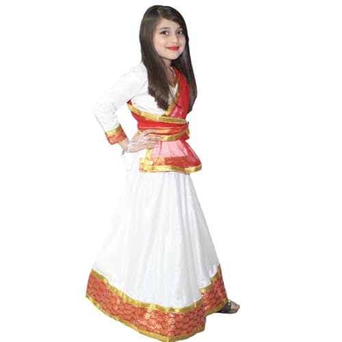 Image of Kaku Fancy Dresses Traditional Radha Costume for Girls - Red & Yellow Lehenga Choli with Dupatta | Indian Mythological Fancy Dress for Janmashtami - 14-17 Years