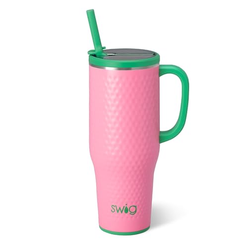 Swig Life 40oz Leak Proof Mega Mug 40oz Leak Proof Tumbler with Handle and Straw Extra Large Insulated Tumblers Cup Holder Friendly Travel Mug Reusable Leakproof Water Bottle (Azalea Golf Ball)