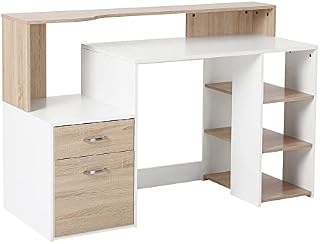HOMCOM Computer Desk PC Table Modern Home Office Writing Workstation Furniture Printer Shelf Rack w/Storage Drawer & Shelves (Oak and white)