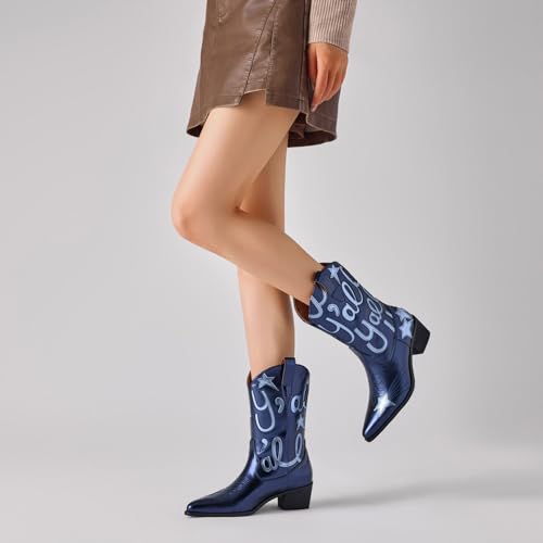 Image of Metallic Cowboy boots for Women Embroidered Mid Calf Womens Cowgirl Boots Western Pointed Toe Chunky Heel