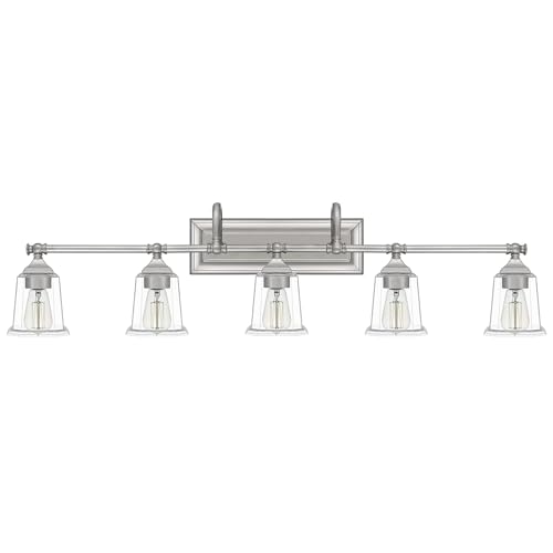 Image of Quoizel Nicholas 42 inch Vanity Light, Brushed Nickel, Clear Glass | 5-Light, Dimmable, Reversible Mounting, ETL Damp Rated