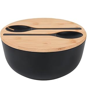 GEHE Bamboo Fiber Salad Bowl with Servers Set – Large 9.8 inches mixing bowls Solid Bamboo Salad Wooden Bowl with Bamboo Lid Spoon for Fruits,Salads and Decoration (Black, 9.8INCH)