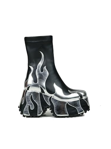 HiColor Women's Red Flames Printing Chunky Sole Boots, Ankle-High, Zipper Closure, Round Toe, Platform Heel, All-Season, Women's Casual Boots